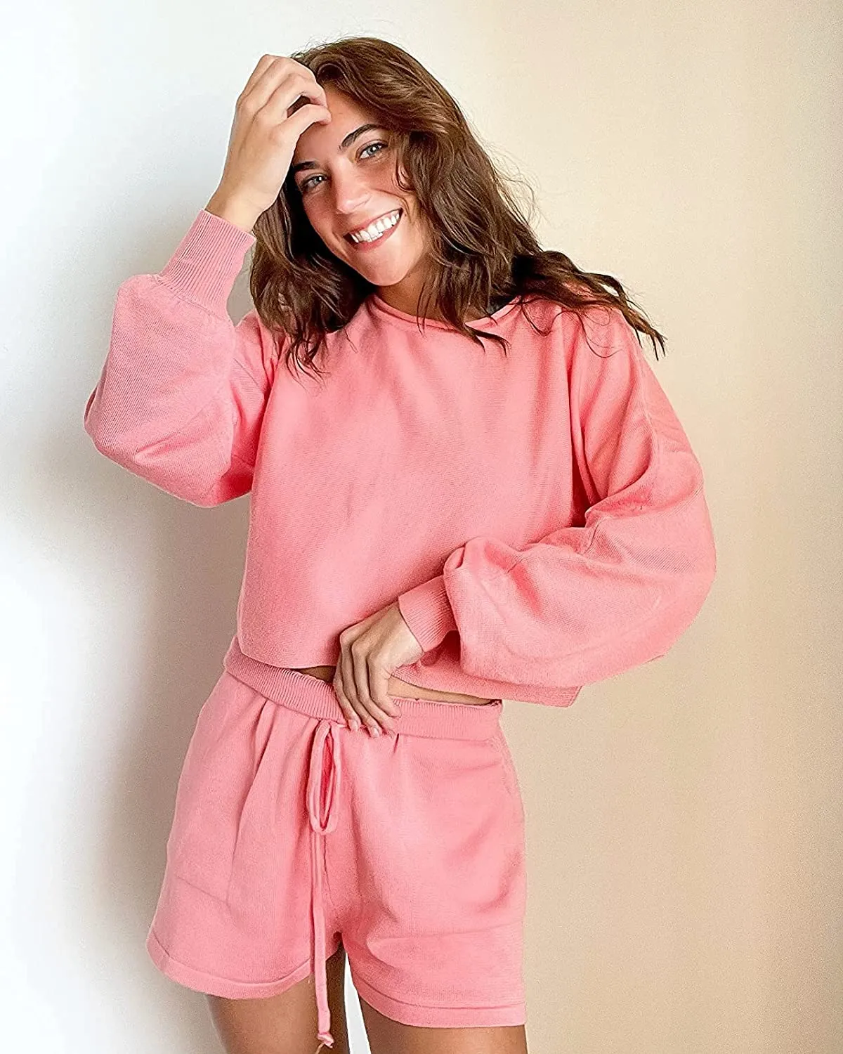 ZESICA Long Sleeve Knit Pullover Sweater Shorts Set